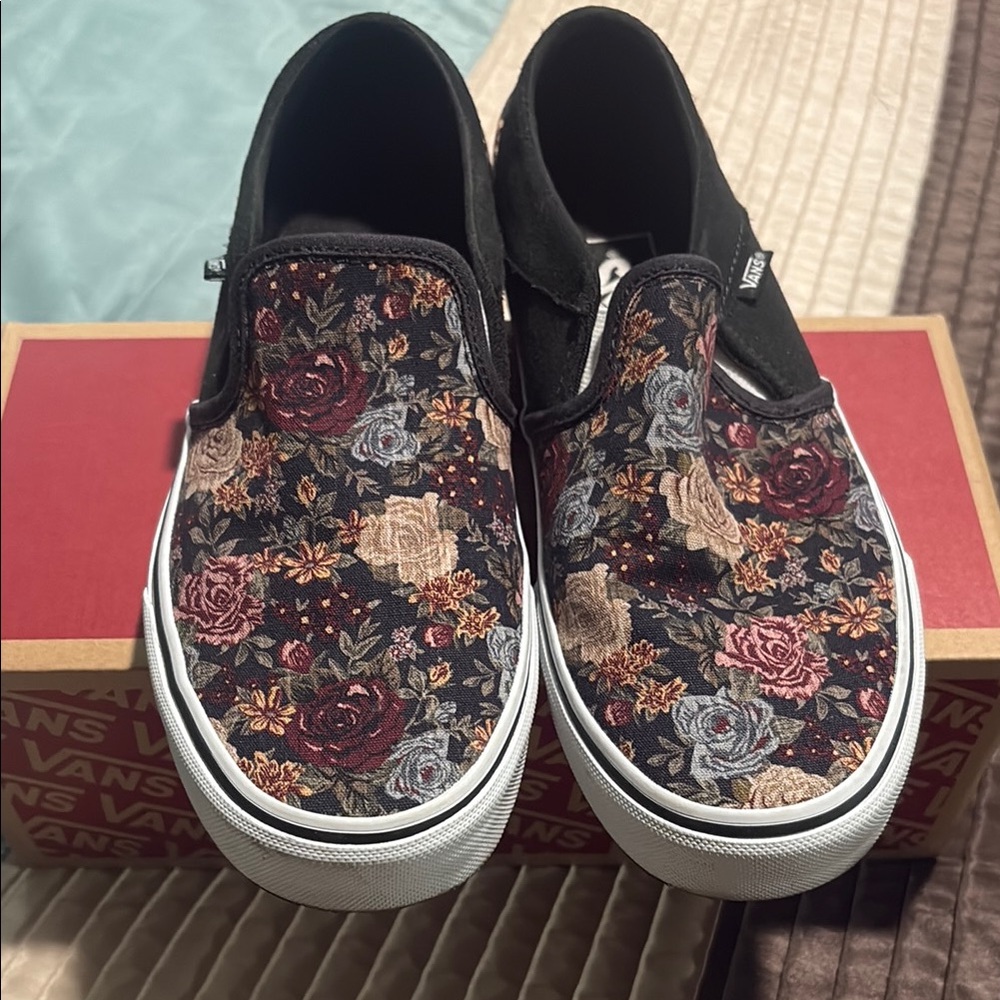 Vans Black Floral Slip-Ons